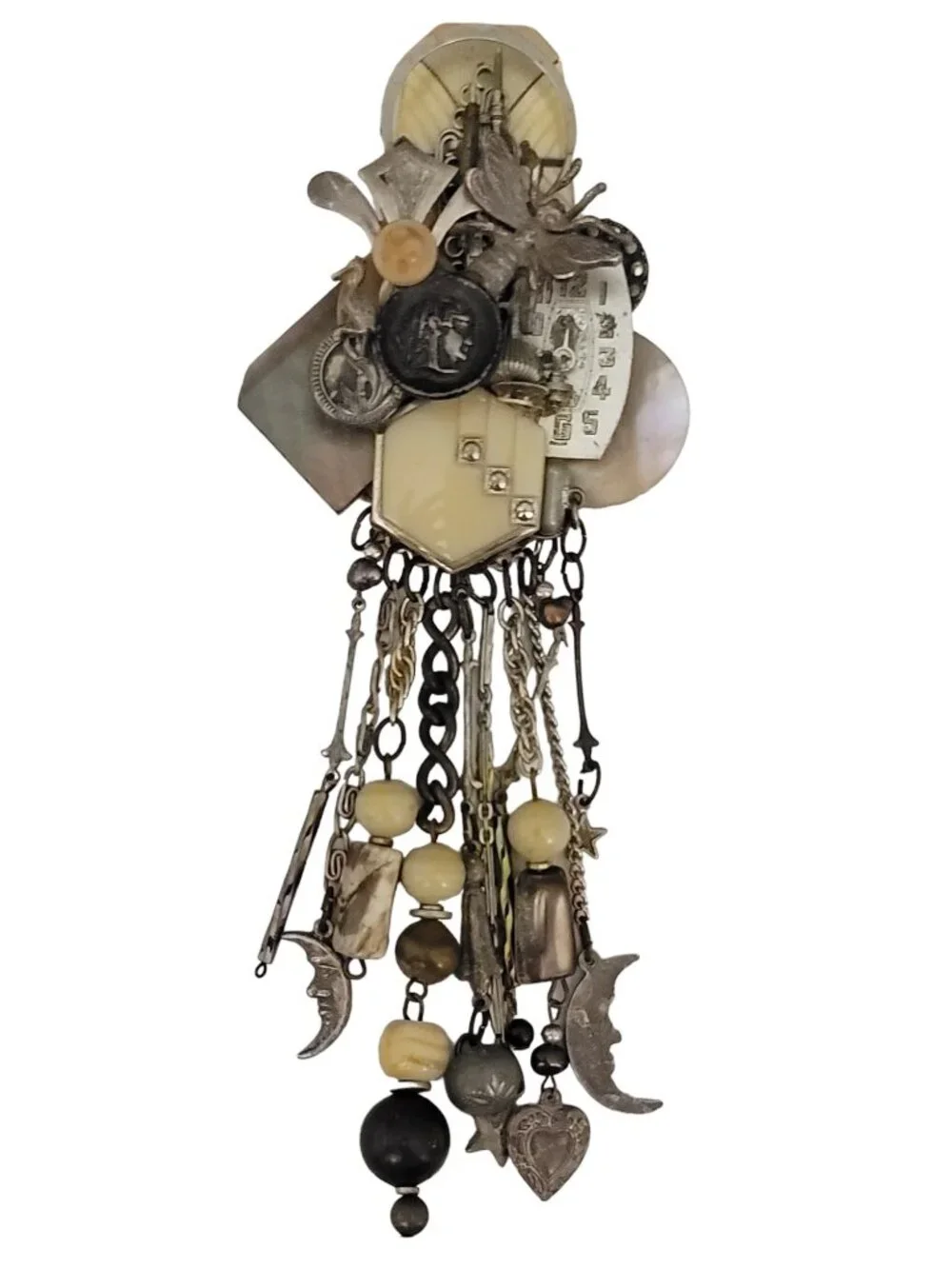 Lisa Carlson Artisan Steam Punk Multi Charm Chatelaine Brooch, Signed